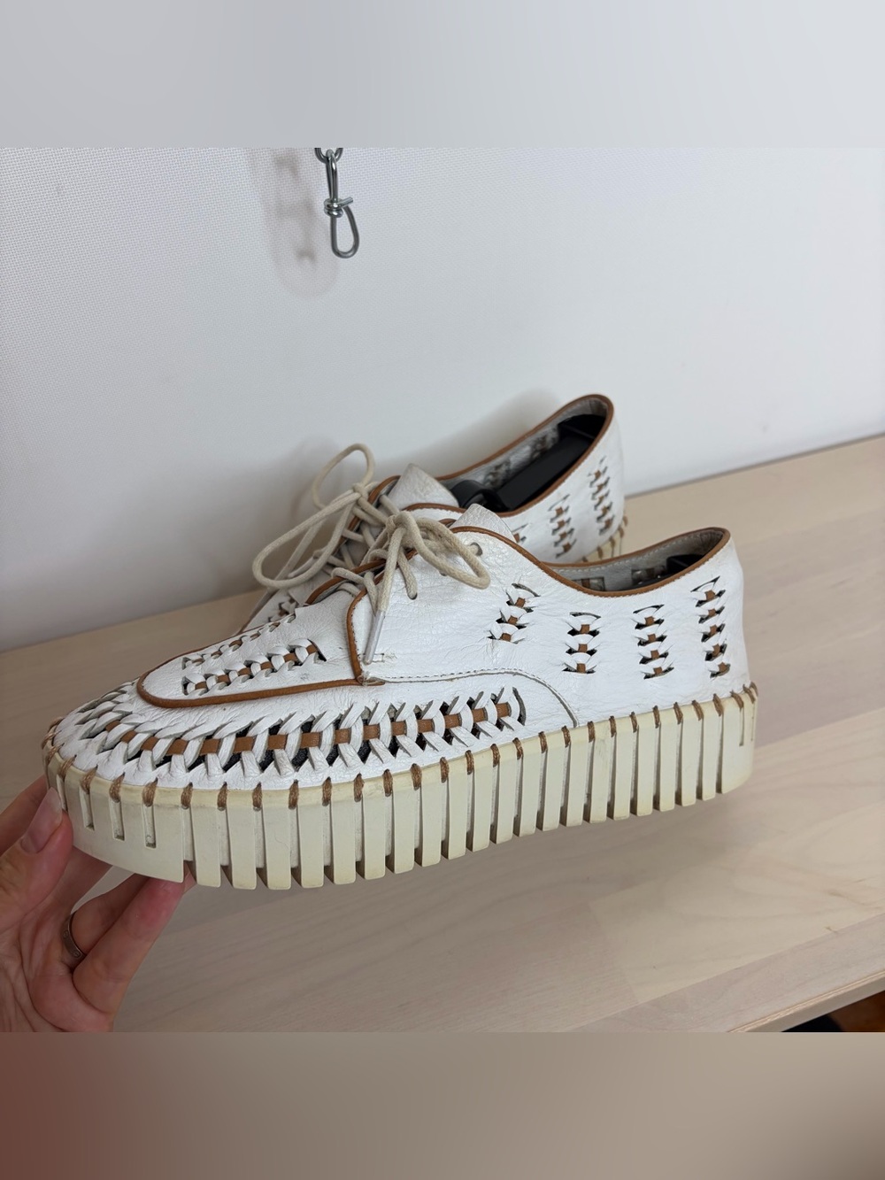 White Woven Platform Lace-Up Sneaker with Tan Trim - Picture 3 of 12